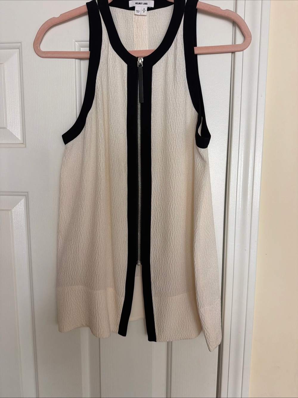 Helmut Lang 100% silk textured Cream Tank Top with Black Trim and Front Zip